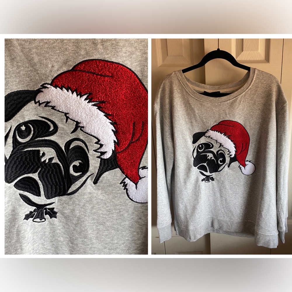 Jane and Delancey Gray Sweatshirt with Red Santa Pug Design